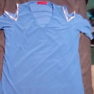 Blue Women's Top with Embellished Shoulders